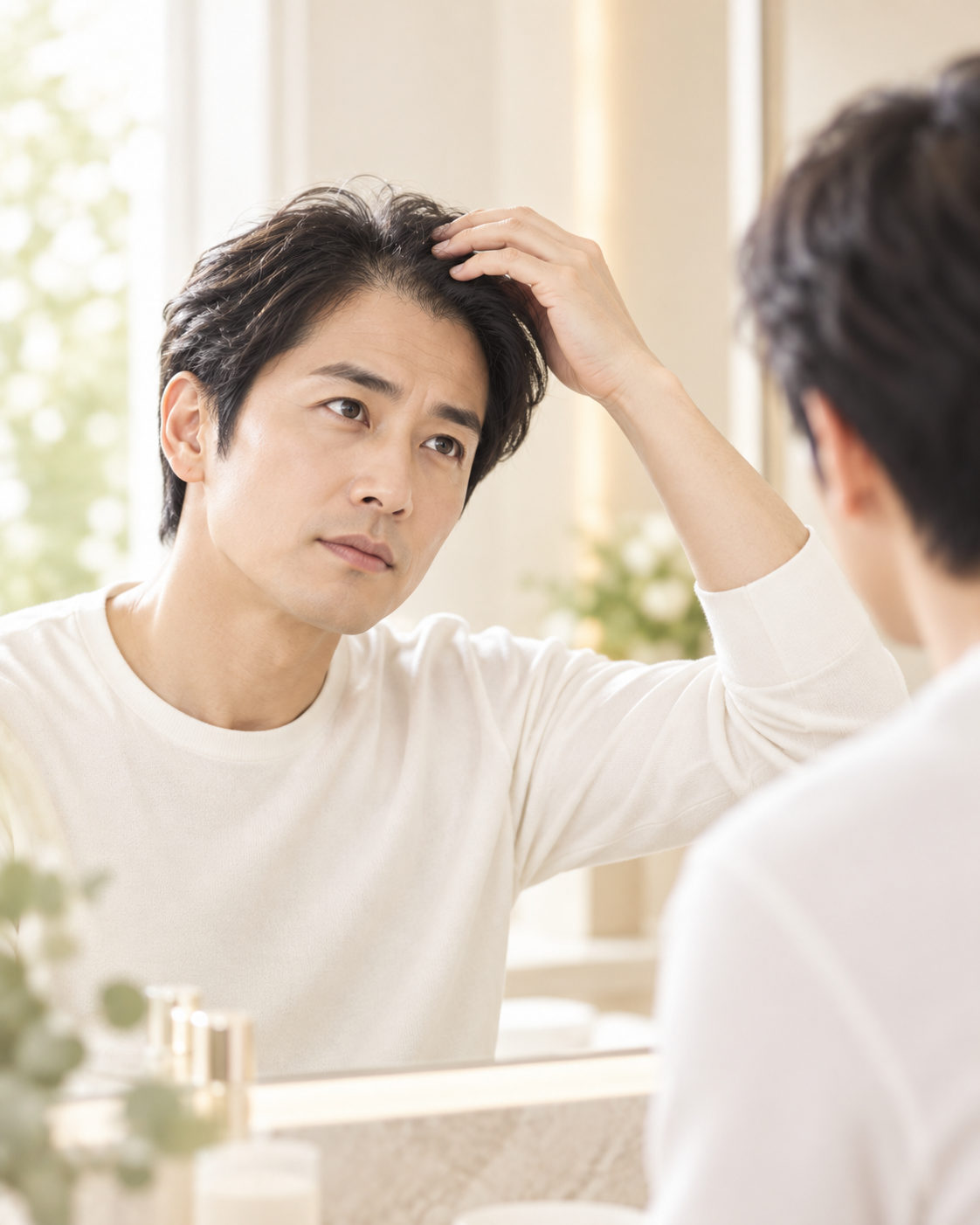 鏡の前で頭頂部の髪を確認する男性のイメージ
